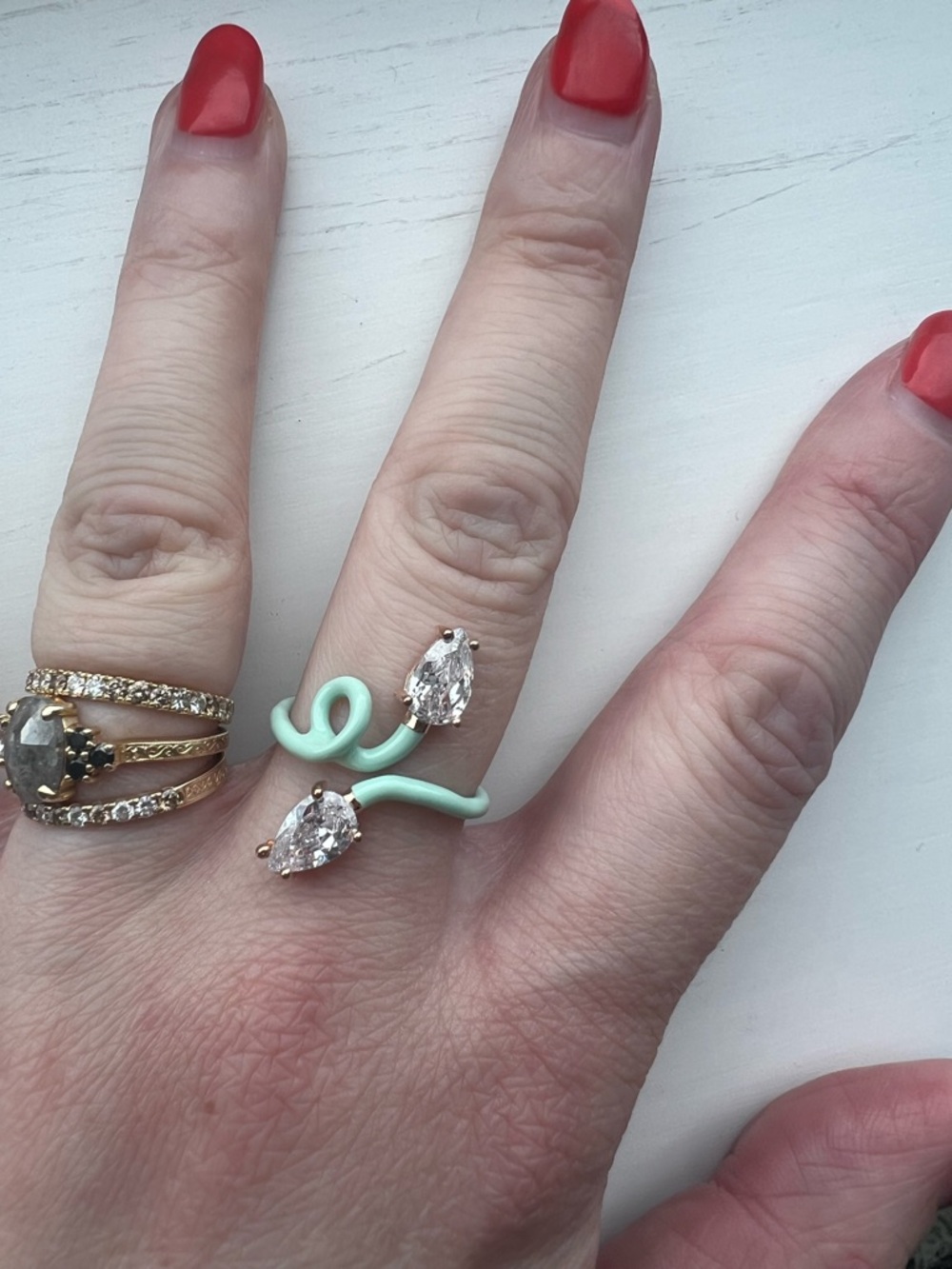 Mint Green Adjustable Snake Open Wrap Enamel Ring with Clear Teardrop Crystals